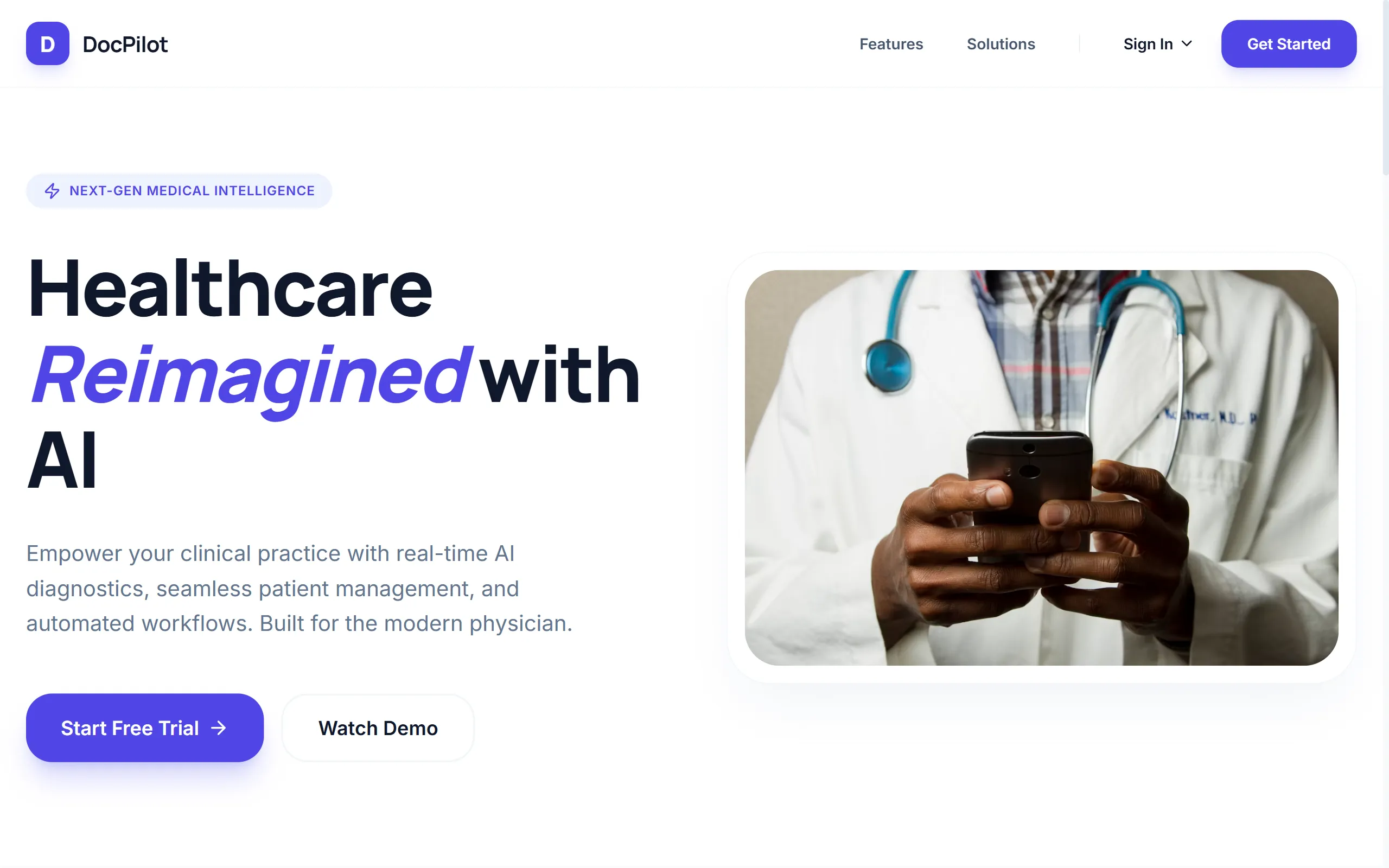 DocPilot web app home page: AI-assisted clinical practice with live queueing and patient management