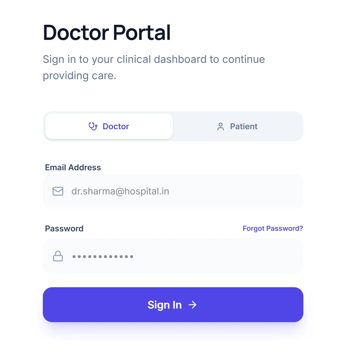 DocPilot sign-in, where doctors and patients each pick their own portal